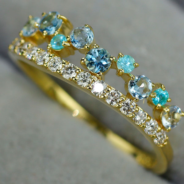 K18YG パライバトルマリン アクアマリン ダイヤモンド リング 0.05ct AQ0.28ct D0.19ct