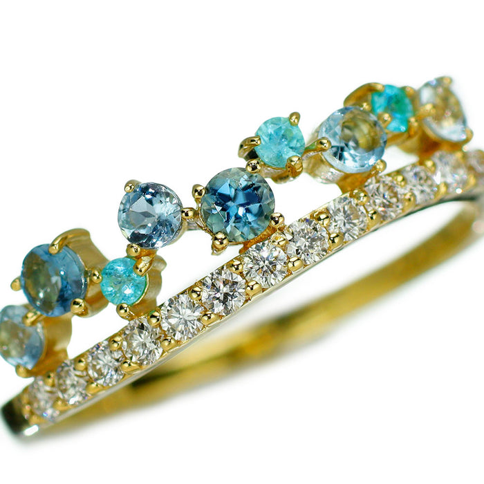 K18YG パライバトルマリン アクアマリン ダイヤモンド リング 0.05ct AQ0.28ct D0.19ct