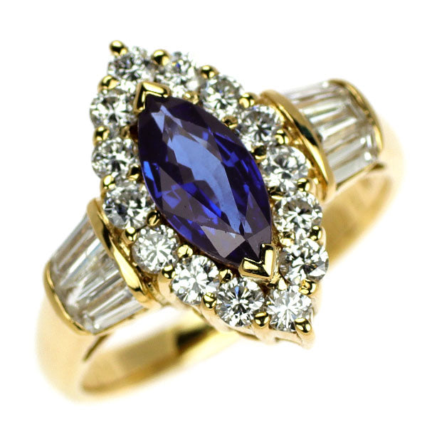 K18YG マーキスカット サファイア ダイヤモンド リング 1.06ct D1.11ct