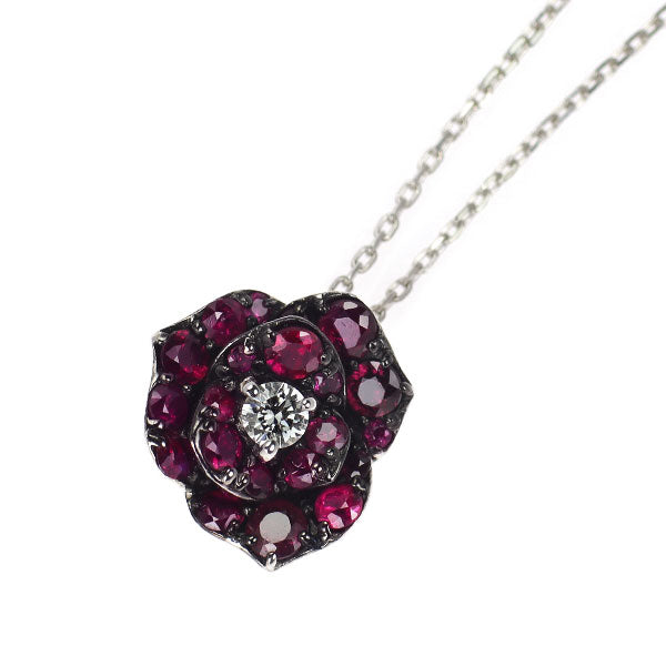 K18WG ダイヤモンド ルビー ペンダントネックレス 0.04ct R0.40ct フラワー 薔薇 バラ