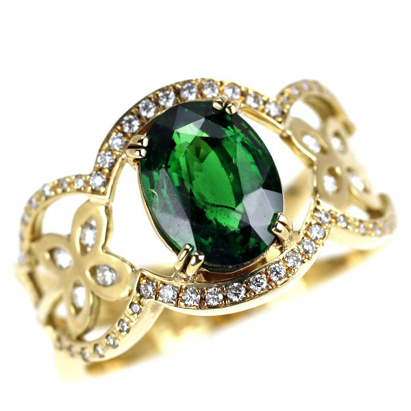K18YG グロッシュラーライト ガーネット ダイヤモンド リング 2.56ct D0.244ct フラワー