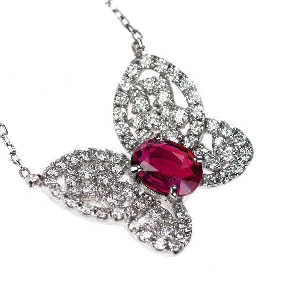 Pt900/ Pt850 非加熱ピジョンブラッドルビー ダイヤモンド ペンダントネックレス 1.02ct D0.69ct  蝶