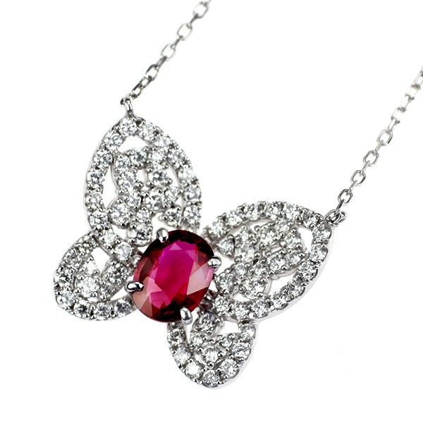 Pt900/ Pt850 非加熱ピジョンブラッドルビー ダイヤモンド ペンダントネックレス 1.02ct D0.69ct  蝶