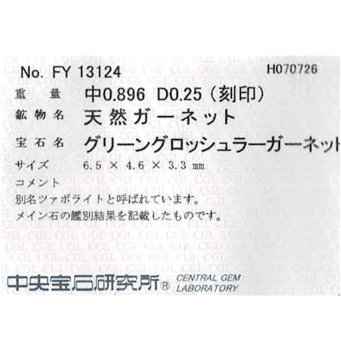 Pt900 グリーングロッシュラー ガーネット/ツァボライト ダイヤモンド リング 0.896ct D0.25ct