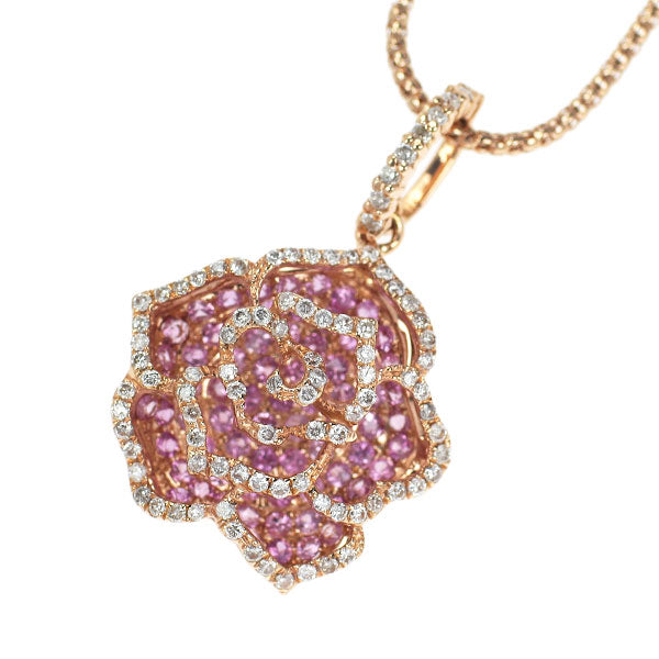 K18PG ピンク サファイア ダイヤモンド ペンダントネックレス 0.95ct D0.40ct バラ フラワー