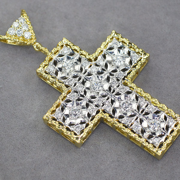 Pt900/K18 ダイヤモンド ペンダントトップ 0.88ct クロス フィレンツェ彫