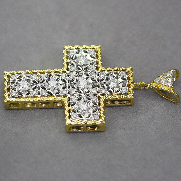 Pt900/K18 ダイヤモンド ペンダントトップ 0.88ct クロス フィレンツェ彫