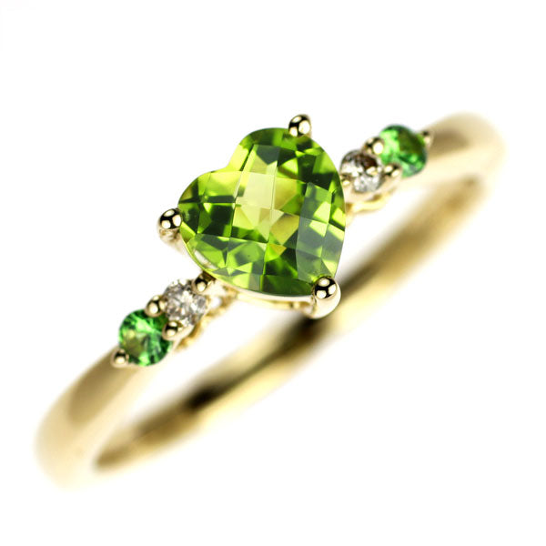 K18YG ハートシェイプ ペリドット グリーンガーネット ダイヤ リング 0.95ct G0.09ct D0.03ct