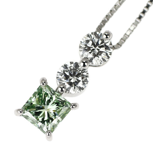 Pt900/ Pt850 プリンセスカット トリートグリーン ダイヤモンド  ペンダントネックレス 0.710ct D0.51ct スリーストーン