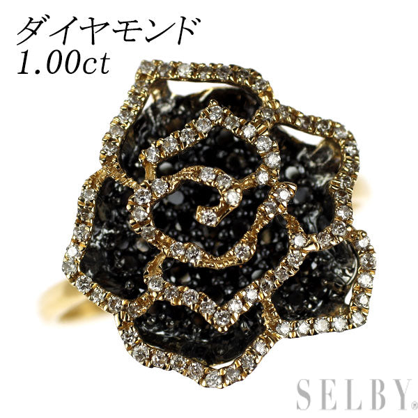 ブラックコーティング/ K18YG ブラック/カラーレス ダイヤモンド リング 1.00ct バラ フラワー ローズ