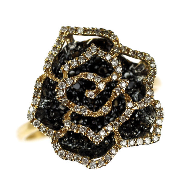 ブラックコーティング/ K18YG ブラック/カラーレス ダイヤモンド リング 1.00ct バラ フラワー ローズ