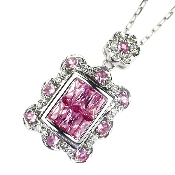 K18WG ピンクサファイア ダイヤモンド ペンダントネックレス 1.15ct D0.10ct