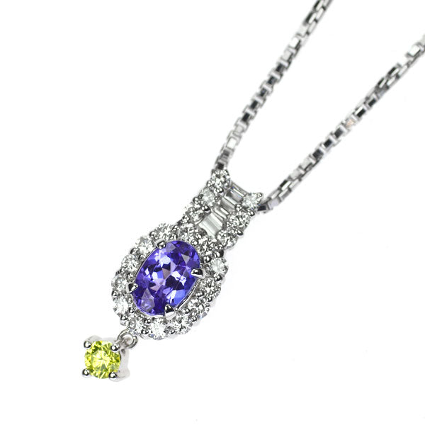K18WG タンザナイト カラーレス/トリートイエローグリーン ダイヤ ペンダントネックレス 0.45ct D0.35ct TYGD0.083ct