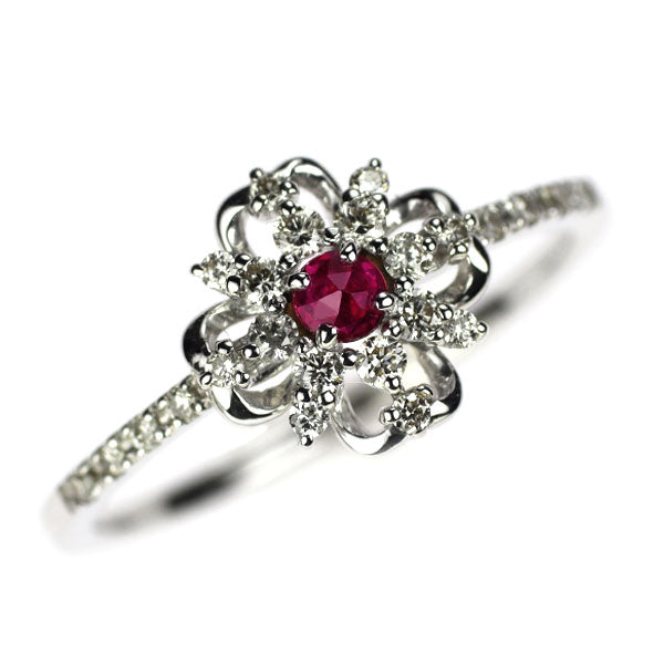 K18WG ローズカット ルビー ダイヤモンド リング 0.07ct D0.17ct フラワー