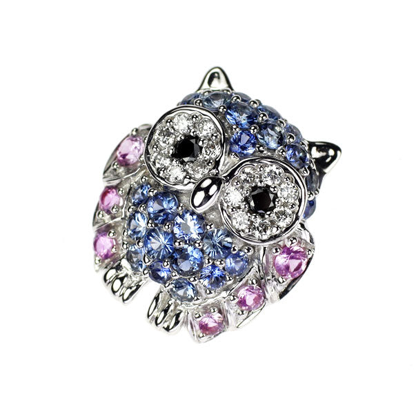 K18WG カラーサファイア カラーレス/ブラックダイヤ ペンダントトップ 0.55ct D0.10ct フクロウ