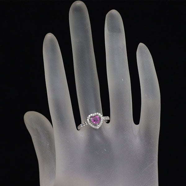 K18WG ハートシェイプピンク サファイア ダイヤモンド リング 0.48ct D0.32ct