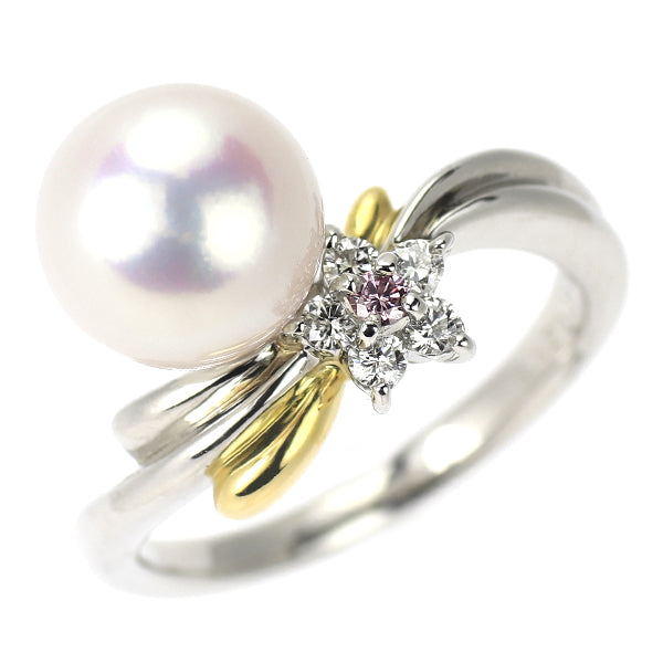 Pt900/ K18YG アコヤ真珠 天然ピンク/カラーレスダイヤモンド リング 径約8.7mm PD0.02ct D0.11ct