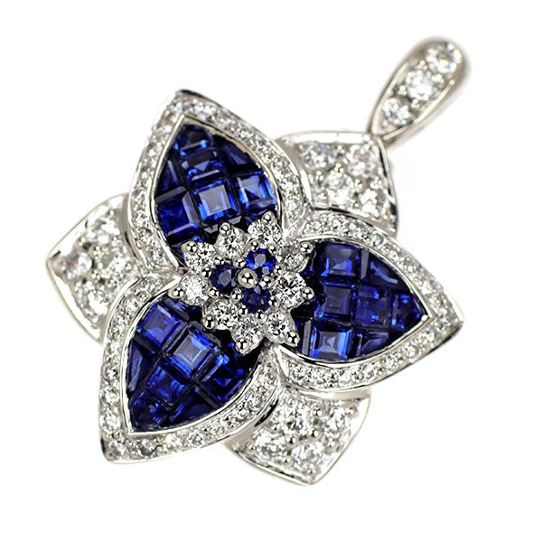 Pt900 サファイア ダイヤモンド ペンダントトップ 1.57ct D0.68ct 2way フラワー