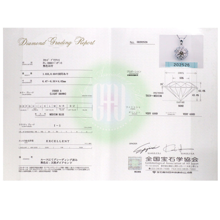 Pt900 ダイヤモンド ペンダントトップ 1.033ct LB I1 EX D0.60ct
