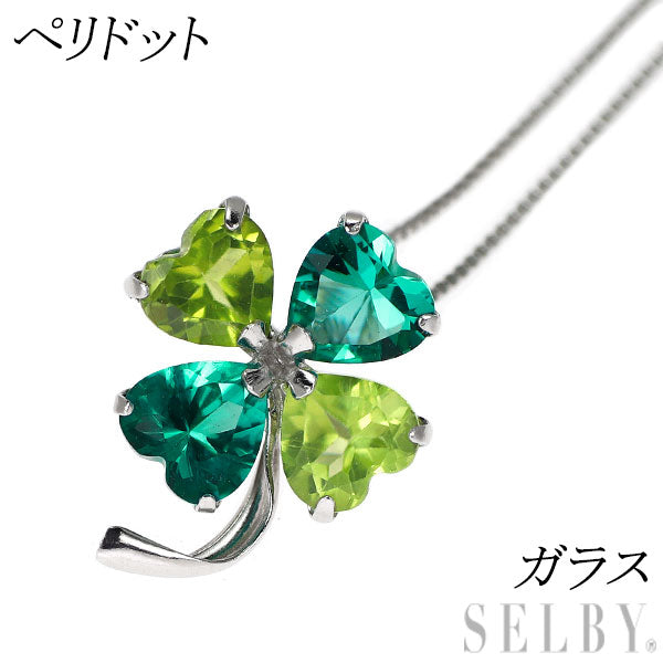 K14WG ペリドット ガラス ペンダントネックレス クローバー