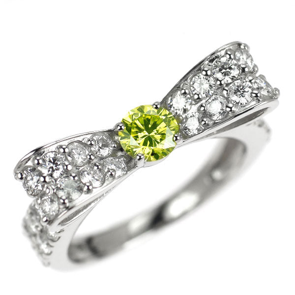 Pt900 トリートイエローグリーン ダイヤモンド リング 0.30ct D0.75ct リボン