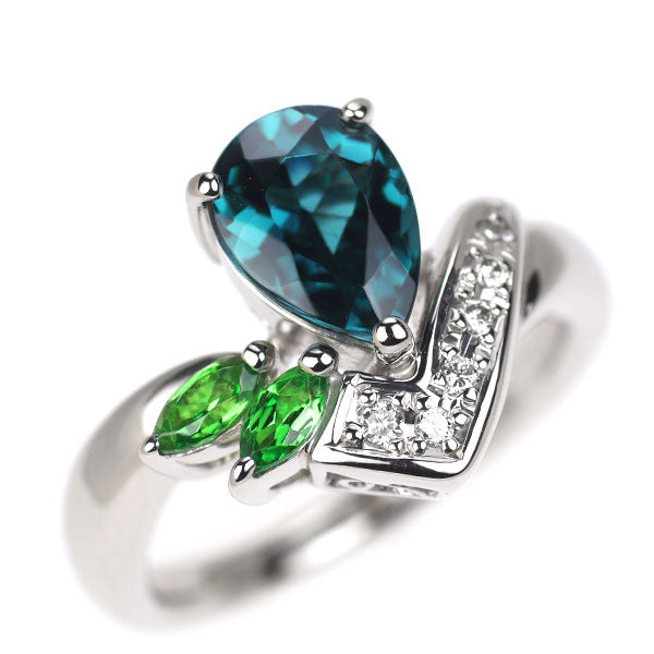 Pt900 インディゴライトトルマリン グリーンガーネット ダイヤモンド リング 1.29ct D0.04ct