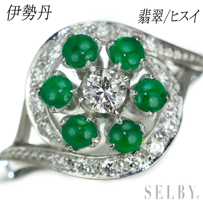 伊勢丹 Pt900/850 カボション翡翠/ヒスイ ダイヤモンド リング 陽刻ヴィンテージ製品 昭和ハンドメイド彫金【ヒスコレ】
