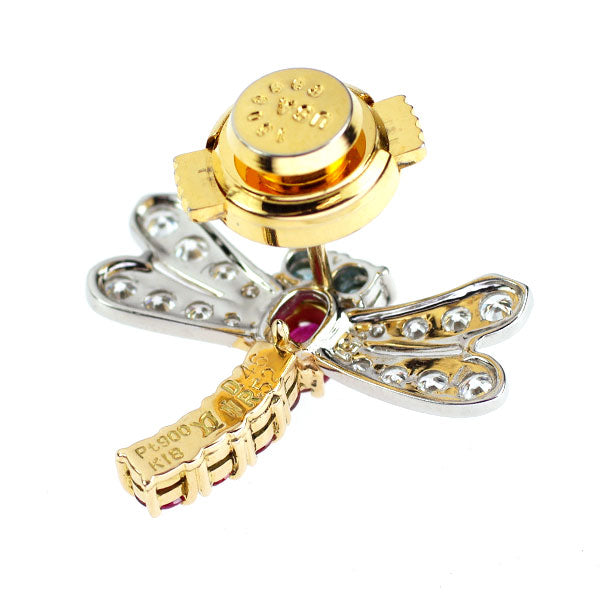 石川暢子 K18YG/Pt900 ルビー ダイヤモンド ブローチ 0.52ct D0.46ct とんぼ