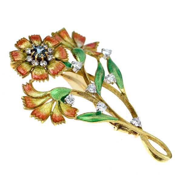 中嶋邦夫 エナメル/K18YG/Pt900 アクアマリン ダイヤモンド ブローチ 0.15ct D0.39ct フラワー