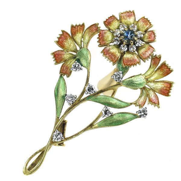 中嶋邦夫 エナメル/K18YG/Pt900 アクアマリン ダイヤモンド ブローチ 0.15ct D0.39ct フラワー