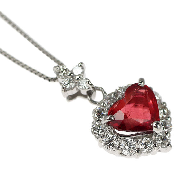 Pt900/ Pt850 ハートシェイプ 非加熱ルビー ダイヤモンド ペンダントネックレス 1.00ct D0.39ct