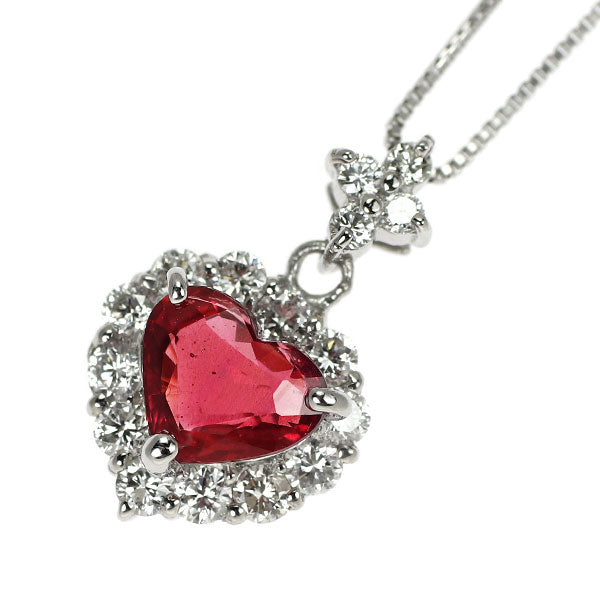 Pt900/ Pt850 ハートシェイプ 非加熱ルビー ダイヤモンド ペンダントネックレス 1.00ct D0.39ct