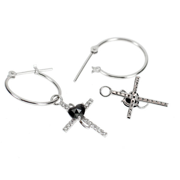 K18WG/K14WG ブラック/カラーレス ダイヤモンド ピアス 0.55ct D0.20ct クロス ハート 2WAY