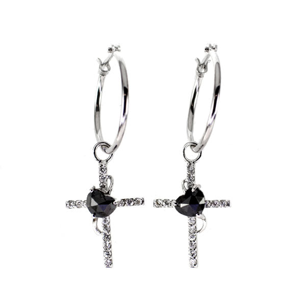 K18WG/K14WG ブラック/カラーレス ダイヤモンド ピアス 0.55ct D0.20ct クロス ハート 2WAY