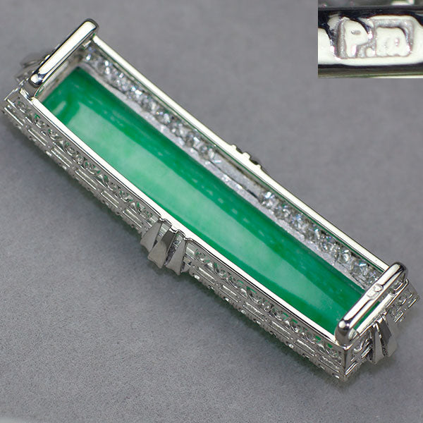 Pt800 翡翠/ヒスイ ダイヤモンド 帯留め 陽刻ヴィンテージ製品 昭和ハンドメイド彫金【ヒスコレ】