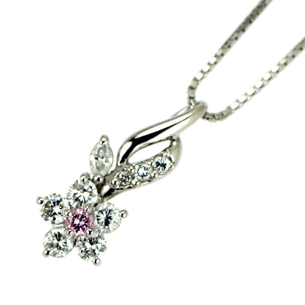 希少 Pt900/Pt850 天然ピンクダイヤモンド ペンダントネックレス 0.05ct D0.44ct フラワー
