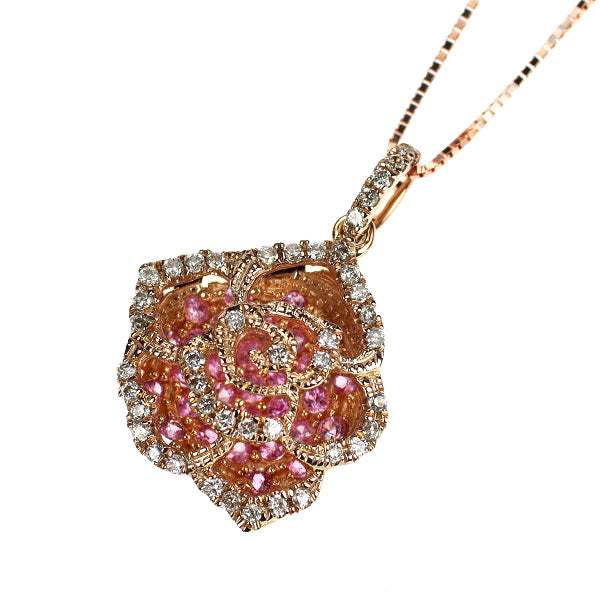 K18PG ピンク サファイア ダイヤモンド ペンダントネックレス 0.35ct D0.18ct バラ フラワー