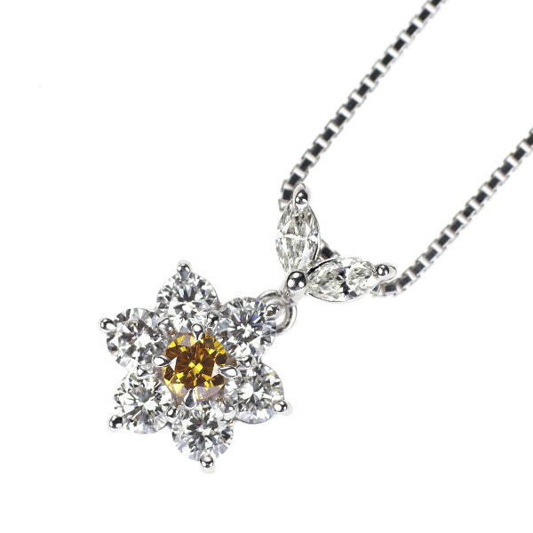 K18WG 天然イエローダイヤモンド ペンダントネックレス 0.086ct FVOY SI2 D0.50ct フラワー