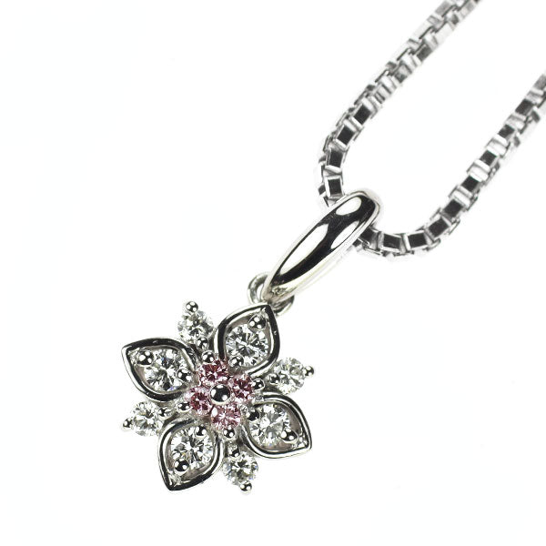 希少 Pt900/ Pt850 天然ピンクダイヤモンド ペンダントネックレス 0.04ct D0.18ct フラワー