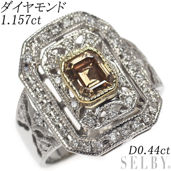 Pd900/ K18YG エメラルドカット ダイヤモンド リング 1.157ct D0.44ct