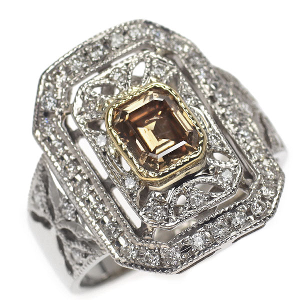 Pd900/ K18YG エメラルドカット ダイヤモンド リング 1.157ct D0.44ct