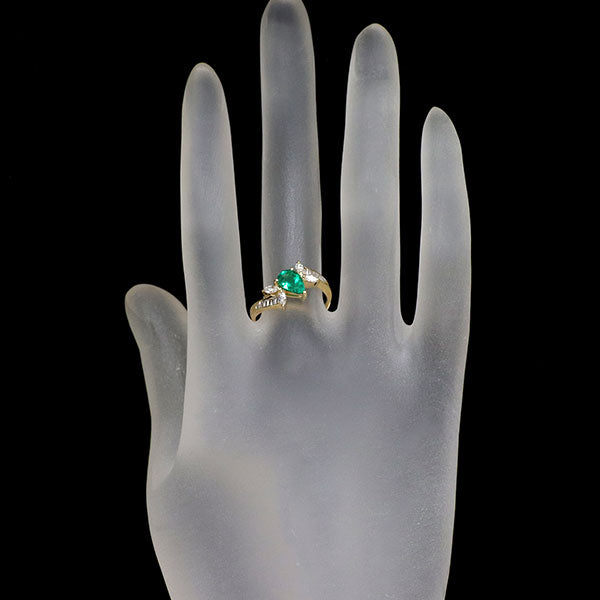 K18YG ペアシェイプ エメラルド ダイヤモンド リング 0.72ct D0.36ct