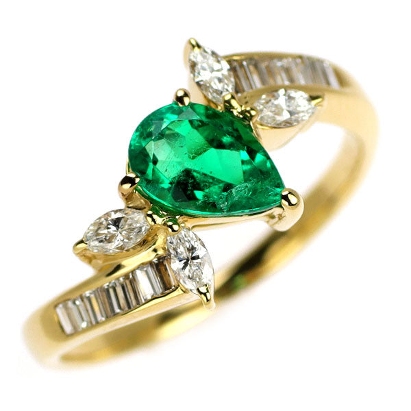 K18YG ペアシェイプ エメラルド ダイヤモンド リング 0.72ct D0.36ct