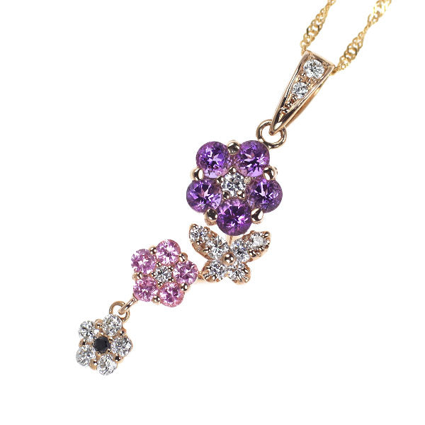 セイレーンアズーロ K18YG/PG アメジスト ピンクサファイア ダイヤ ペンダントネックレス 0.28ct PS0.18ct D0.10ct フラワー チェーン社外品