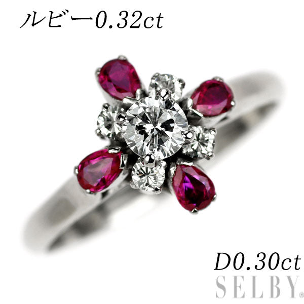 Pt800 ダイヤモンド ルビー リングD0.30ct R0.32ct フラワー