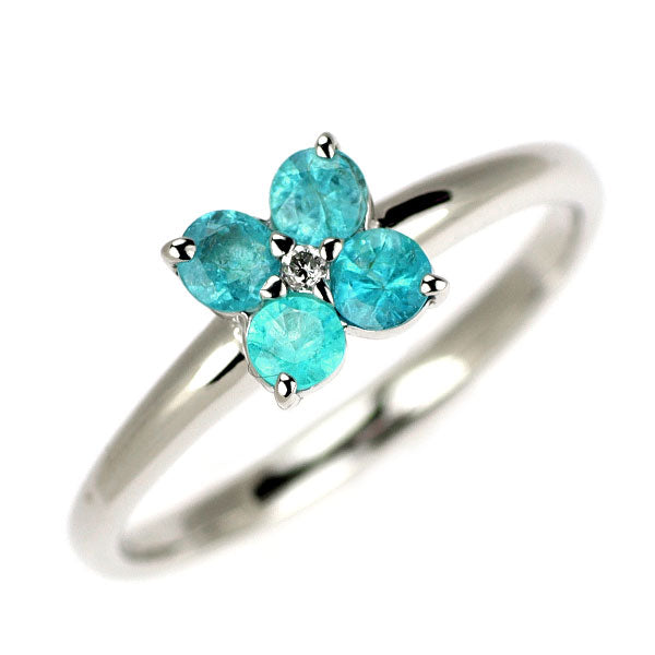 K18WG パライバトルマリン ダイヤモンド リング 0.31ct D0.01ct フラワー