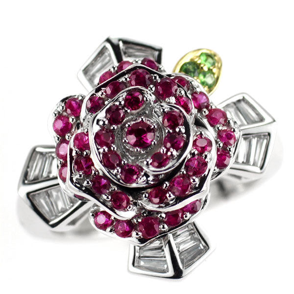 K18YG/WG ルビー グリーンガーネット ダイヤ リング 0.70ct G0.03ct D0.23ct フラワー