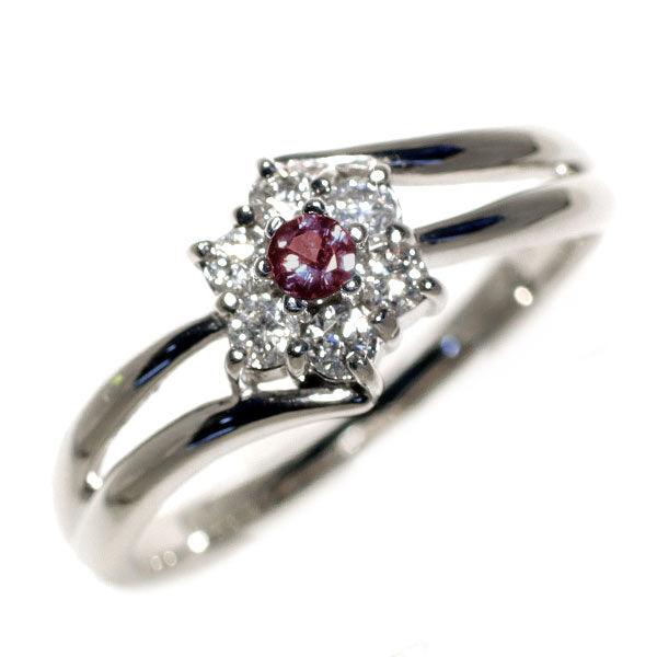 希少 K18WG アレキサンドライト ダイヤモンド リング 0.06ct D0.22ct フラワー