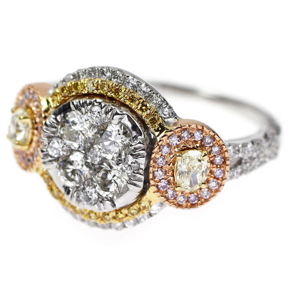 K18YG/WG/PG 天然ピンク/イエロー/カラーレス ダイヤモンド リング 1.46ct