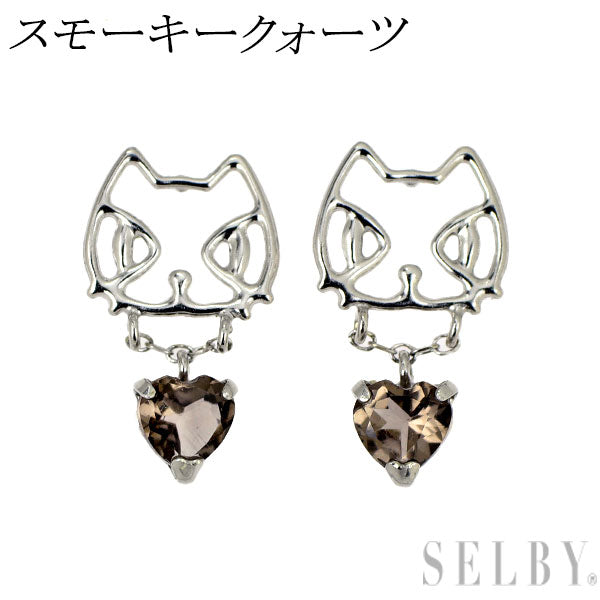 新品 K10WG スモーキー クオーツ ピアス 【エスコレ】猫 アニマル